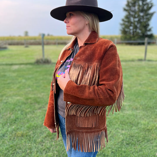 Vintage Western Men’s Deer Skin Leather Jacket with Fringe