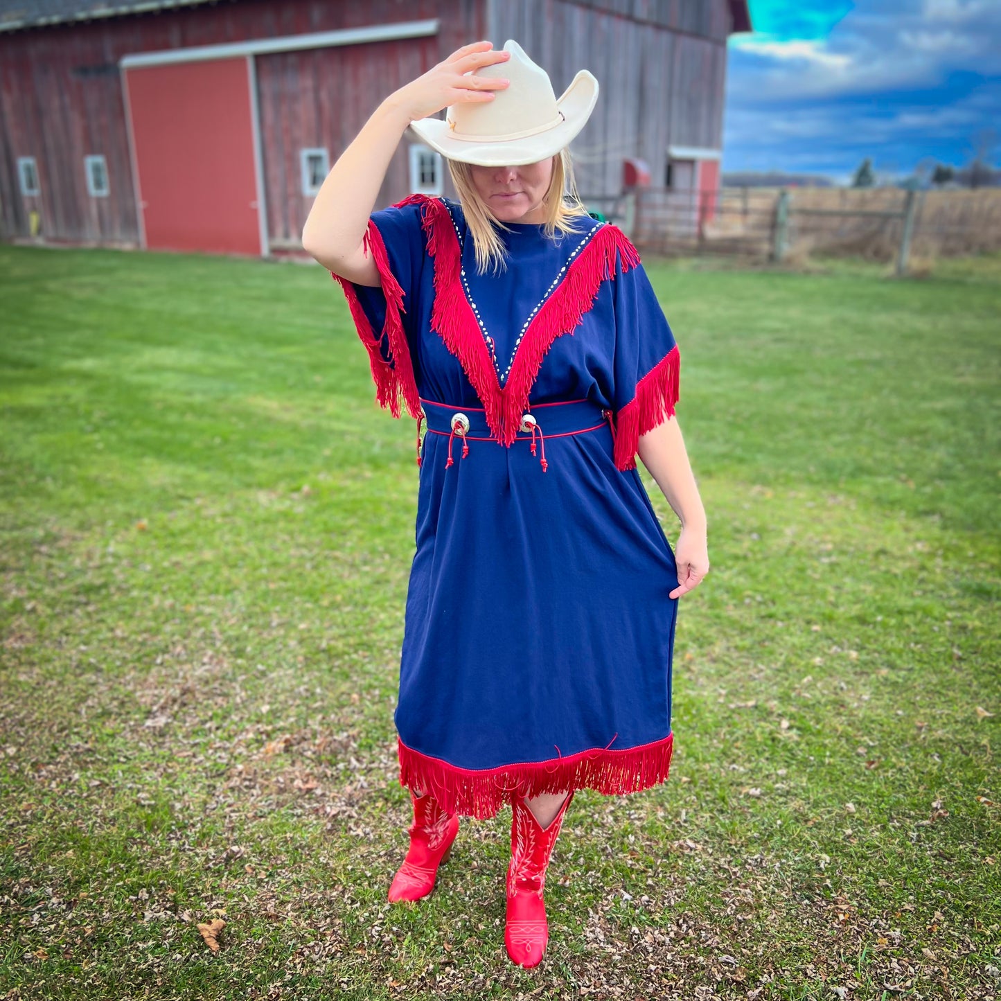 Vintage Western Dress with Fringe and Belt