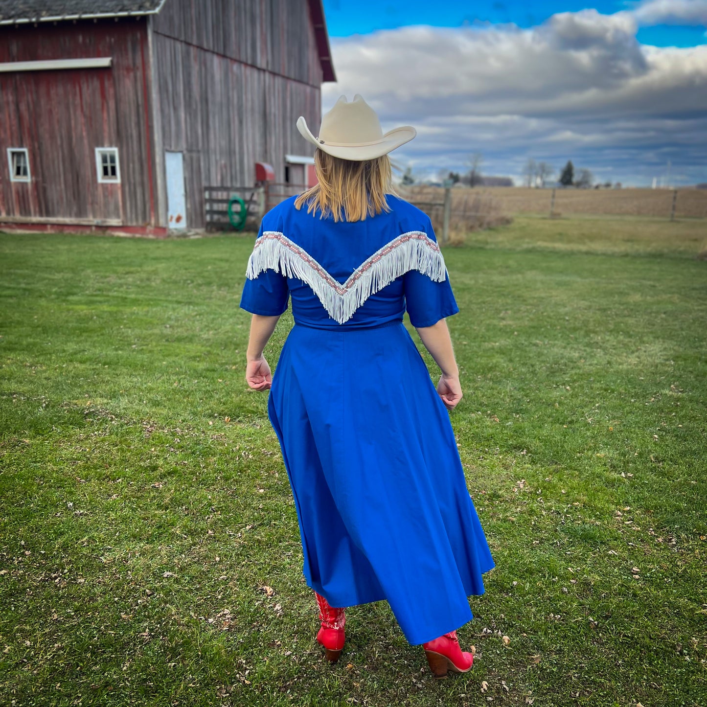 1980’s Vintage Western Lilia Smitty Exclusive Dress With Fringe Accent, Belt and Pockets | Made in USA