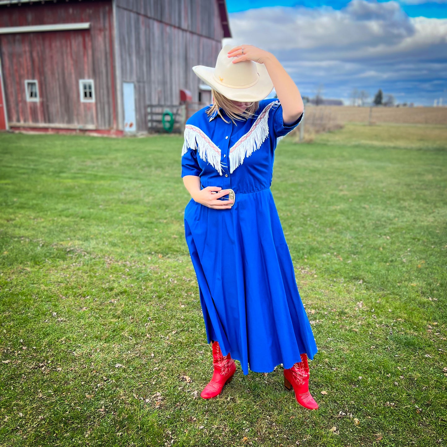 1980’s Vintage Western Lilia Smitty Exclusive Dress With Fringe Accent, Belt and Pockets | Made in USA