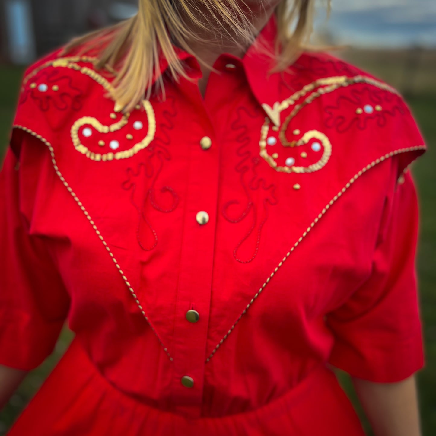 80’s Vintage Western Lilia Smitty Exclusive Rodeo Dress With Gold Collar Tips, Gold Accents and Pockets | Made in USA