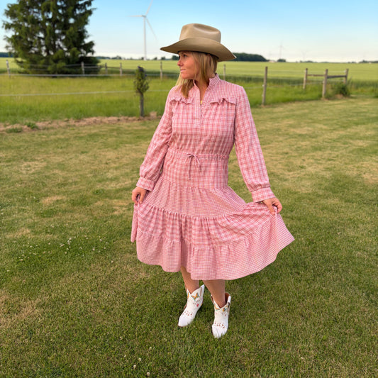 Vintage  Western Prairie Dress Pink Plaid Ruffle Cottagecore
