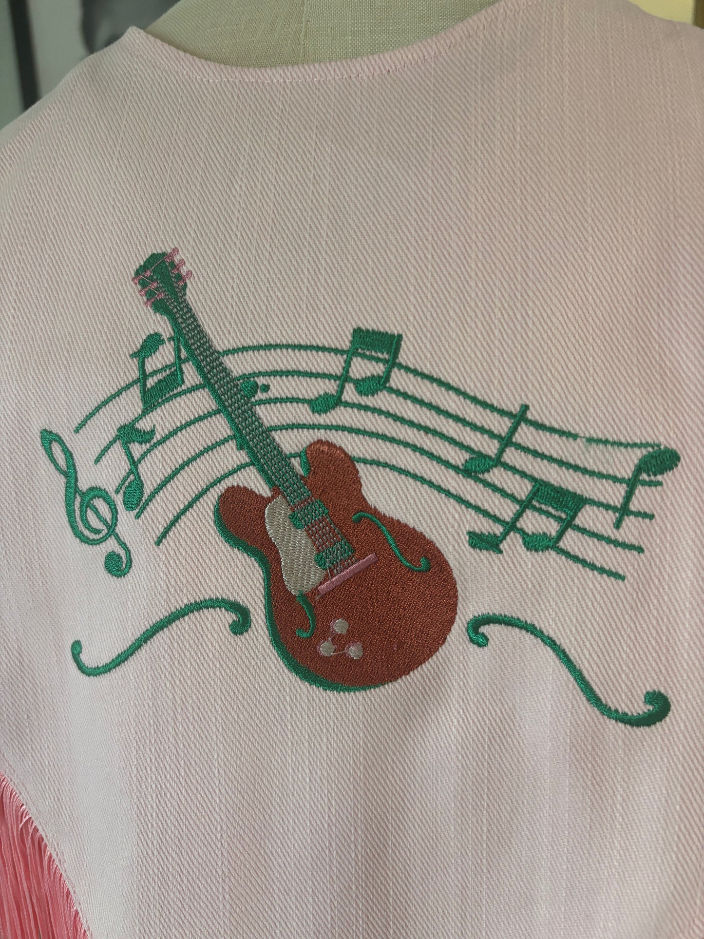 Vintage Handmade Pink Western Fringe Capelet Shawl , Embroidered Guitar Cowgirl, Honky Tonk Country Music Stagewear