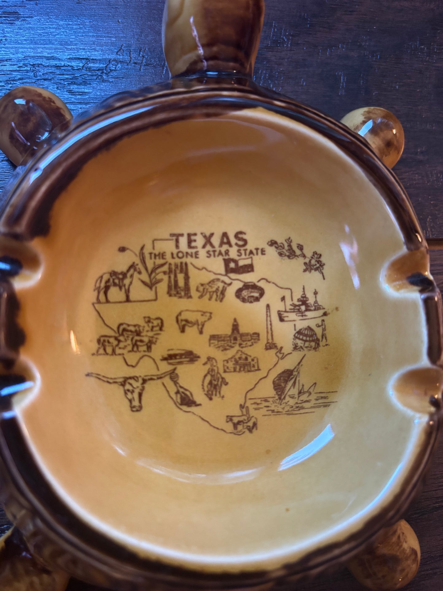 Vintage Texas Turtle Souvenir Ashtray | Mid Century Ceramic Brown Drip Glaze Ashtray | Lone Star State Travel Memorabilia | Retro Tobacciana