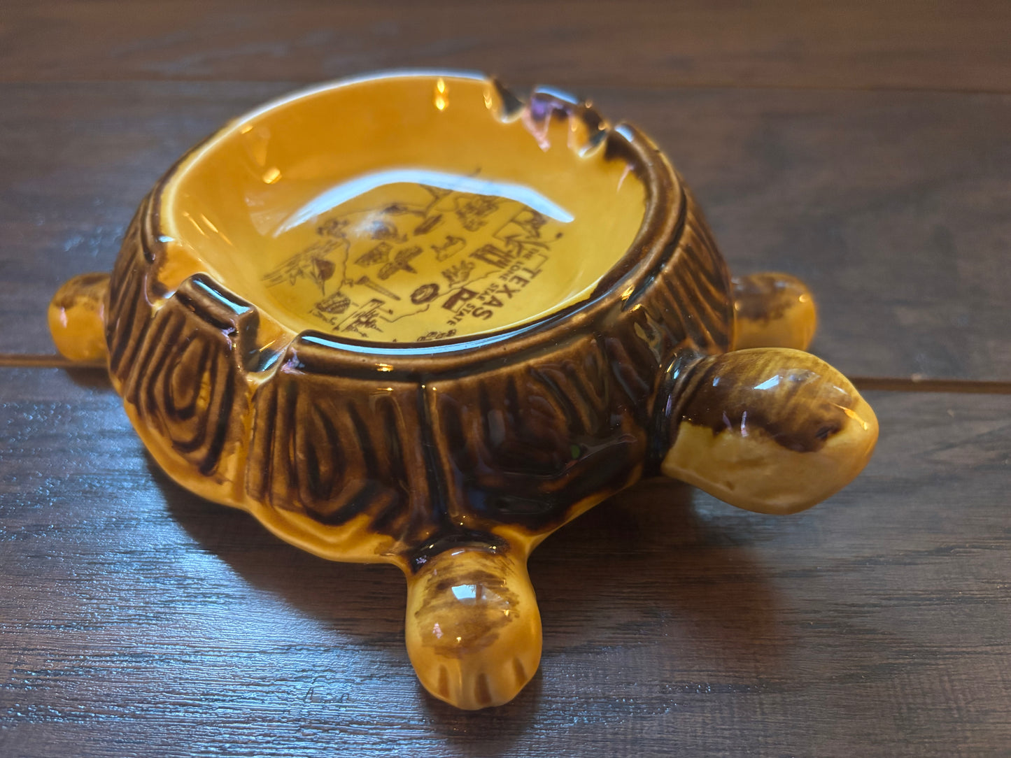 Vintage Texas Turtle Souvenir Ashtray | Mid Century Ceramic Brown Drip Glaze Ashtray | Lone Star State Travel Memorabilia | Retro Tobacciana