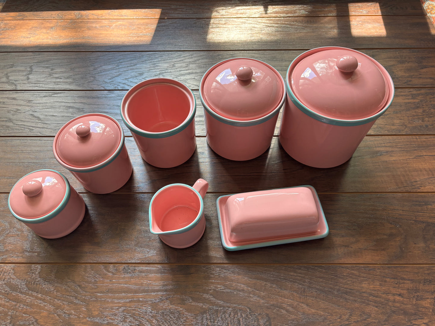 Vintage 1950s Pink Turquoise Canister Set Made in Japan MCM Ceramic Kitchen Canisters Butter Dish Creamer Atomic Retro