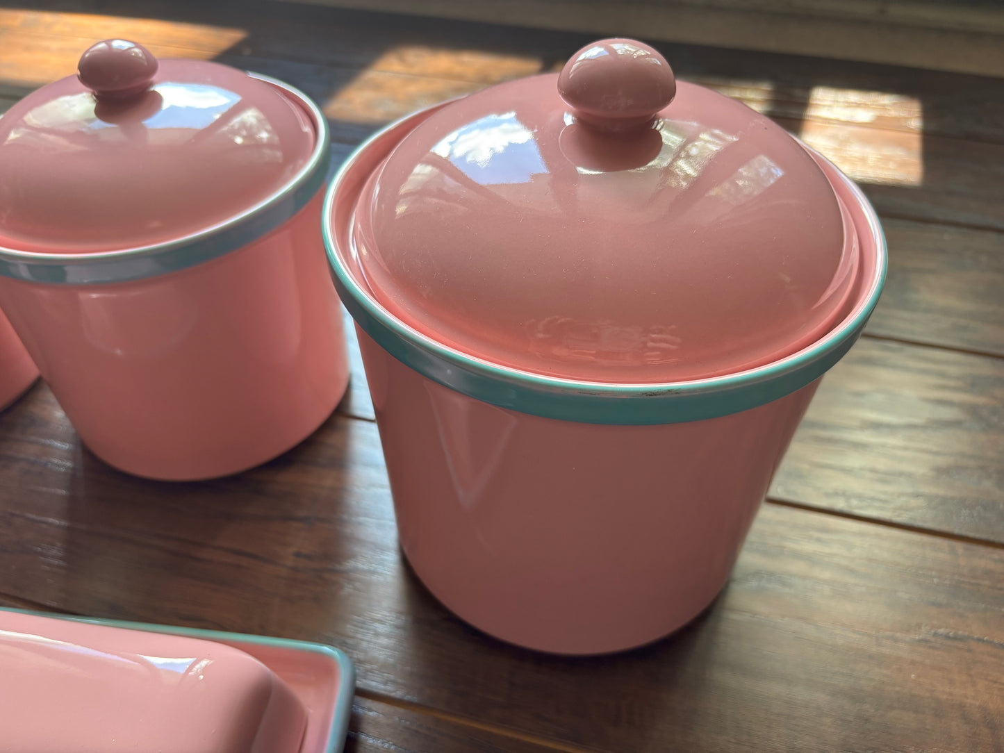 Vintage 1950s Pink Turquoise Canister Set Made in Japan MCM Ceramic Kitchen Canisters Butter Dish Creamer Atomic Retro