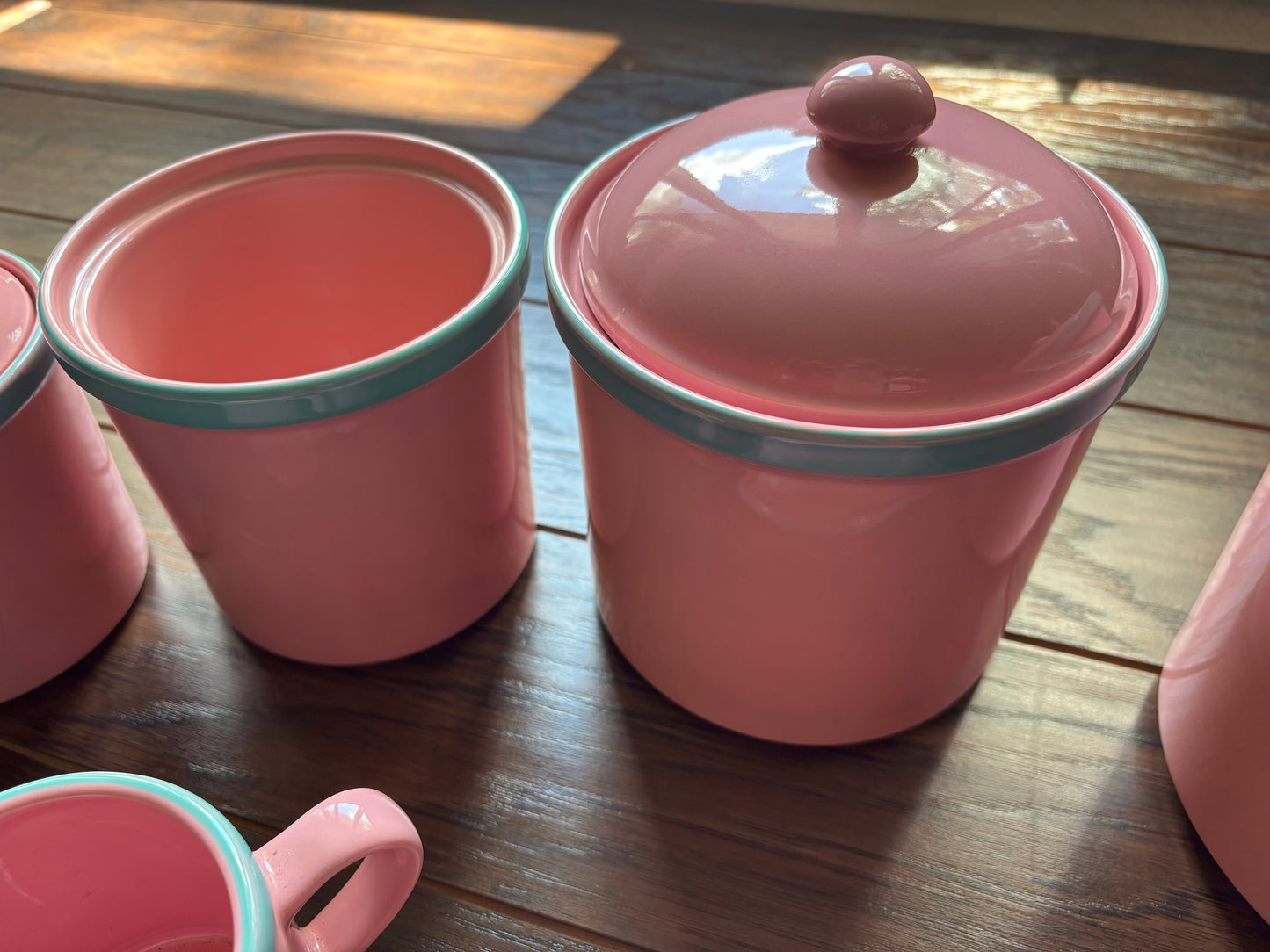 Vintage 1950s Pink Turquoise Canister Set Made in Japan MCM Ceramic Kitchen Canisters Butter Dish Creamer Atomic Retro