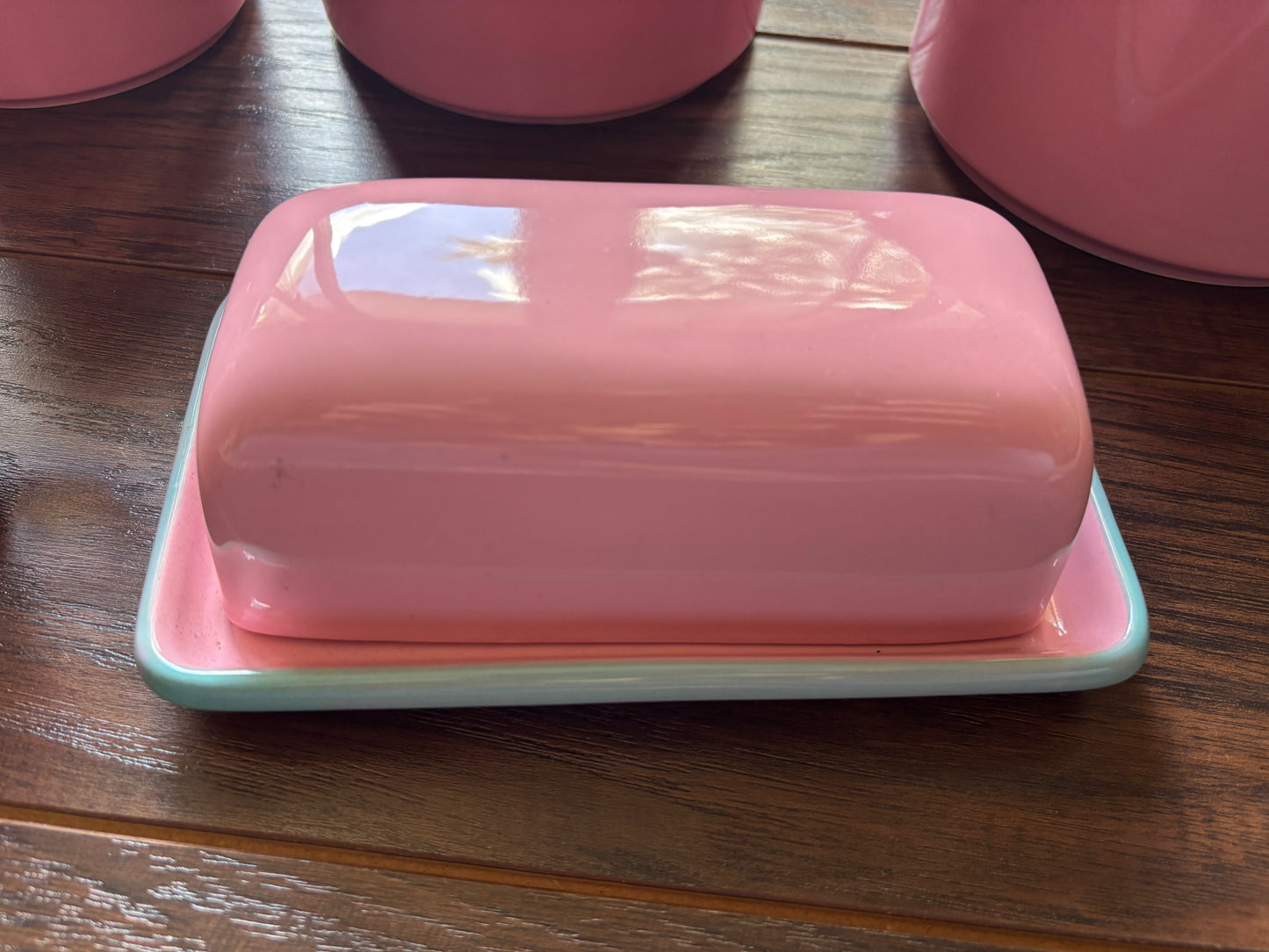 Vintage 1950s Pink Turquoise Canister Set Made in Japan MCM Ceramic Kitchen Canisters Butter Dish Creamer Atomic Retro