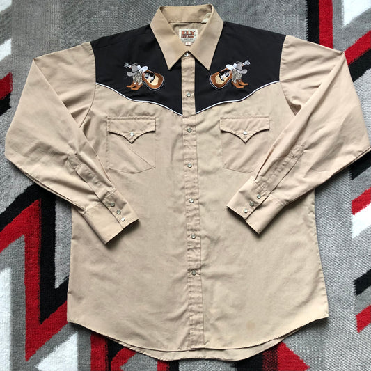 Vintage Western Men’s ELY Cattleman Shirt with Embroidered Cowboy Boots and Guitar on Front Yoke and Country Music on Back