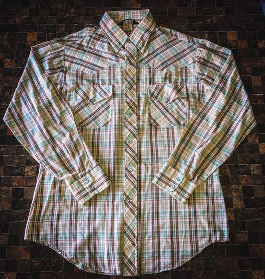 80’s Men’s Vintage Western Rockabilly Plaid Shirt with Snap Buttons.