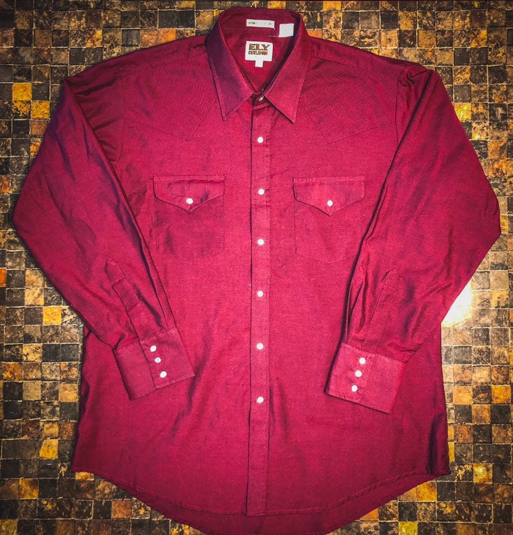 1980's Men's Vintage Western Rockabilly Maroon Shirt with Snap Buttons