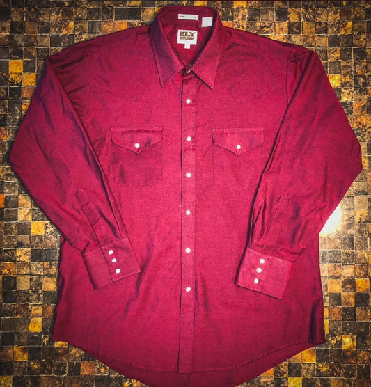 1980's Men's Vintage Western Rockabilly Maroon Shirt with Snap Buttons