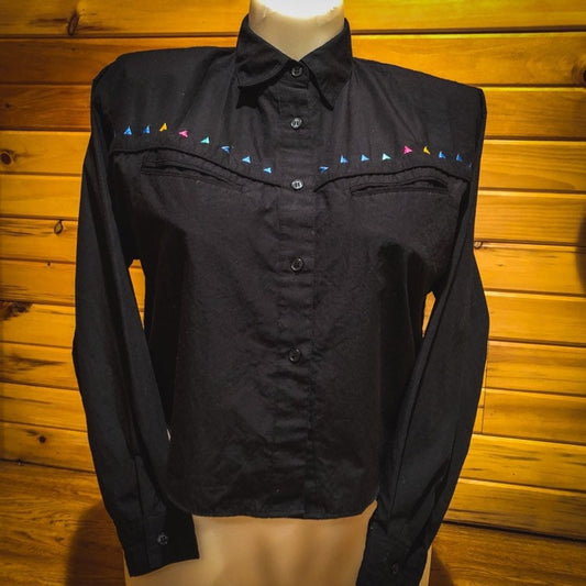 80's Women's Vintage Western Rockabilly Crop Top with Smile Pockets and A Colorful Triangle Design on Front/Back