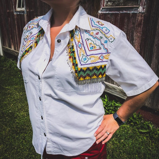 1992 Vintage Women’s Southwest Canyon Rodeo Shirt with Beaded Fringe on Embroidered Chest Flaps