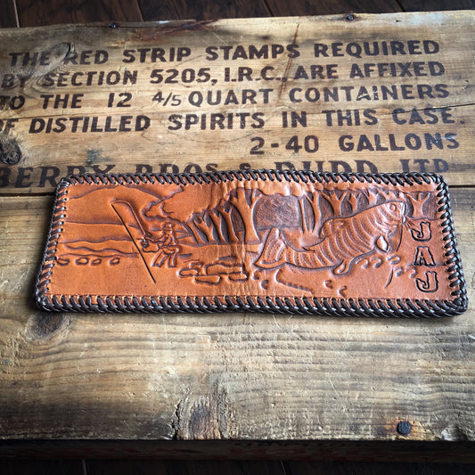 70’s Vintage HandTooled Leather Wallet | FlyFishing Scene/JAJ Initials/Cordovan Lace Stitch
