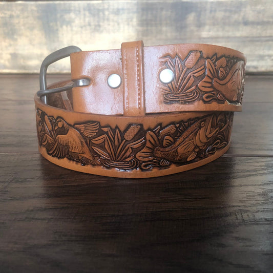 Vintage Brazos Joe Belt Co Tooled Leather Hunting & Fishing Belt | USA