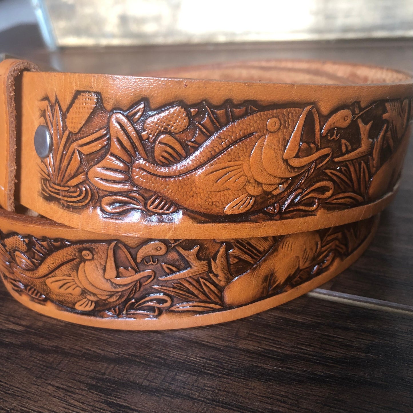 Vintage Brazos Joe Belt Co Tooled Leather Hunting & Fishing Belt | USA
