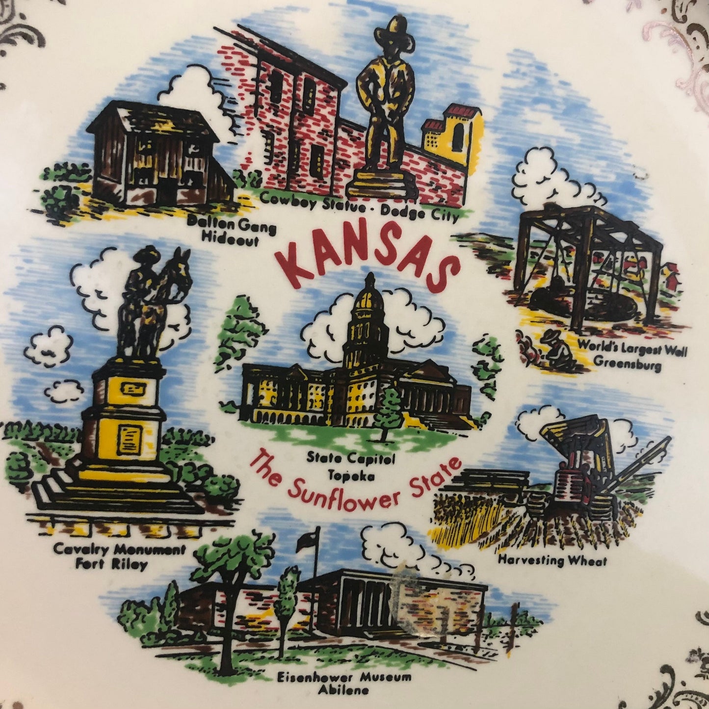 Vintage Kansas The Sunflower State Souvenir Plate with Gold Trim