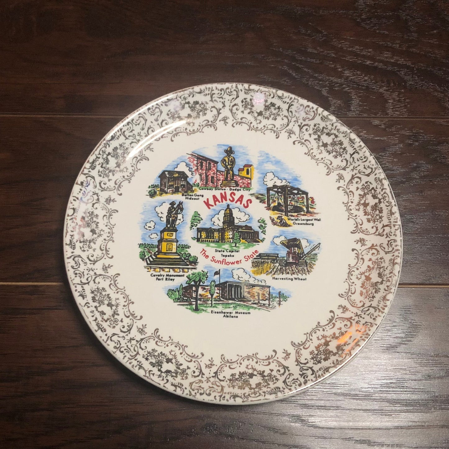 Vintage Kansas The Sunflower State Souvenir Plate with Gold Trim