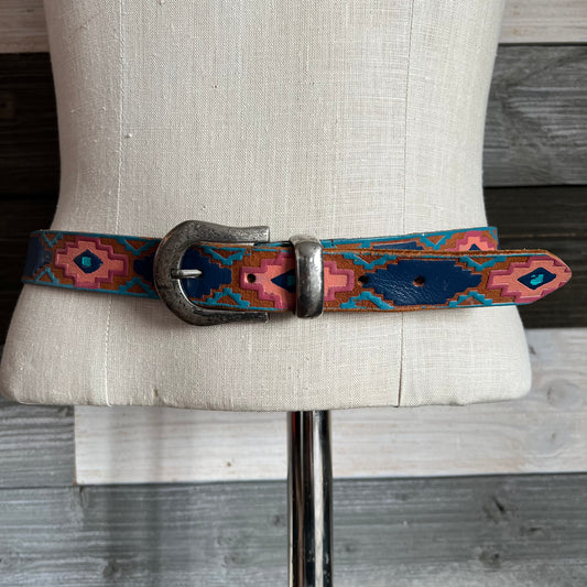 80’s Vintage Western MILOR Aztec Hand Painted Genuine Leather Tooled Belt | Made in Hong Kong