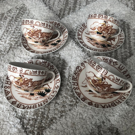 Vintage Western Porcelain Teacups with Saucers Cowboys and Cattle Brands Made in Japan | Set of 4
