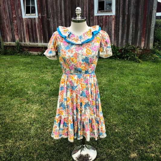 70s’s Vintage Boho Western Prairie Rockmount Ranch Wear Floral Square Wear Dress | Deadstock