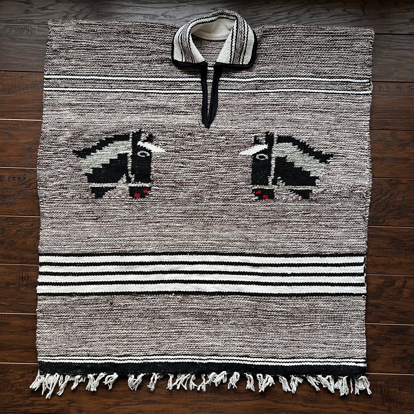 Vintage Western Woven Blanket Poncho with Horse Heads on Front/Back and Fringe