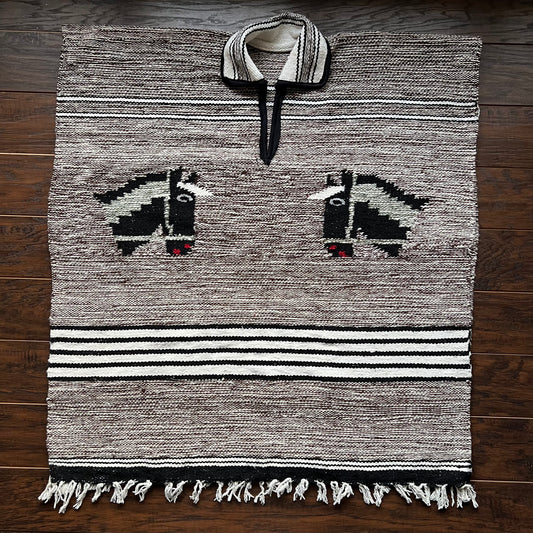 Vintage Western Woven Blanket Poncho with Horse Heads on Front/Back and Fringe