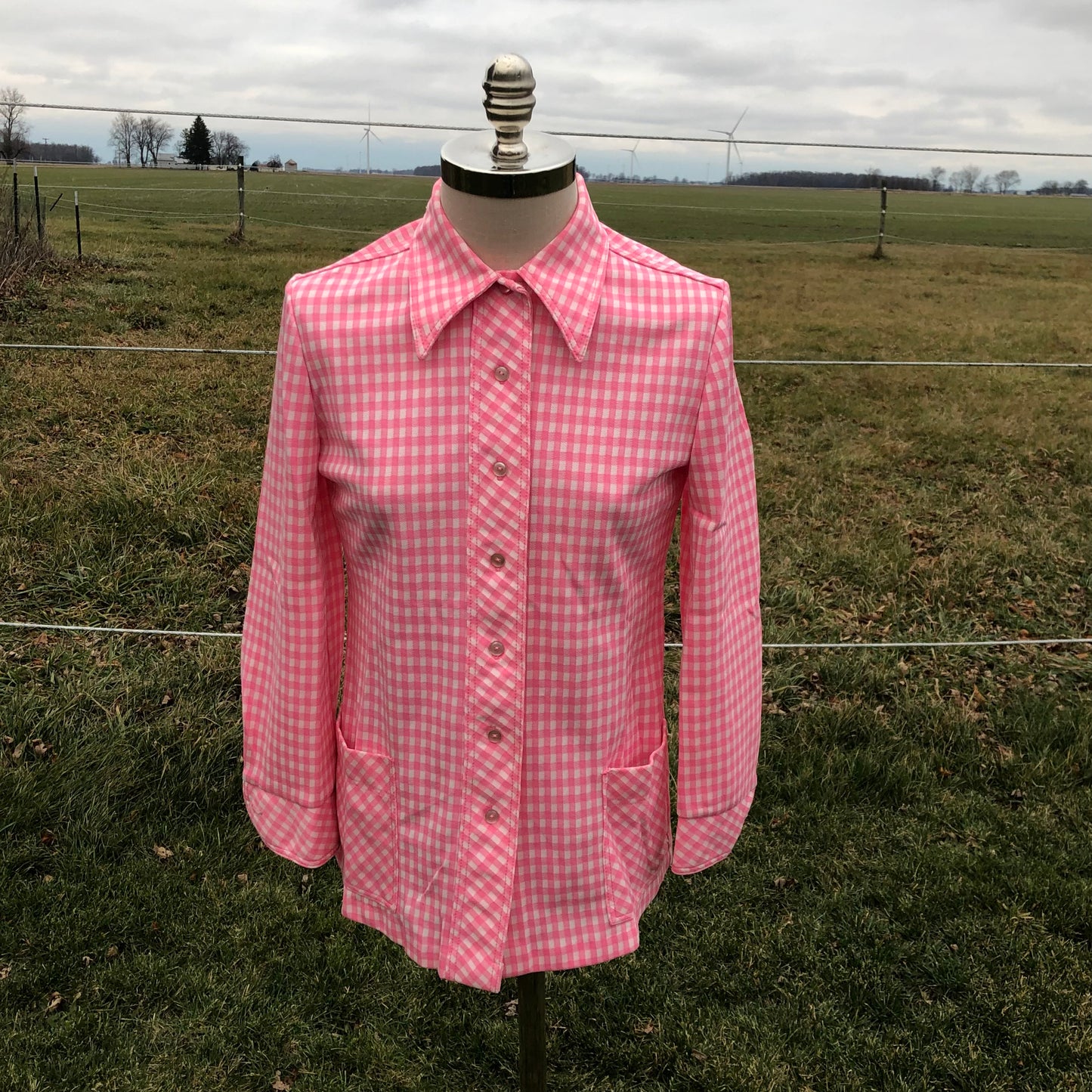 70’s Vintage Women’s Bubble Gum Pink and White Gingham Polyester Shirt with Pockets