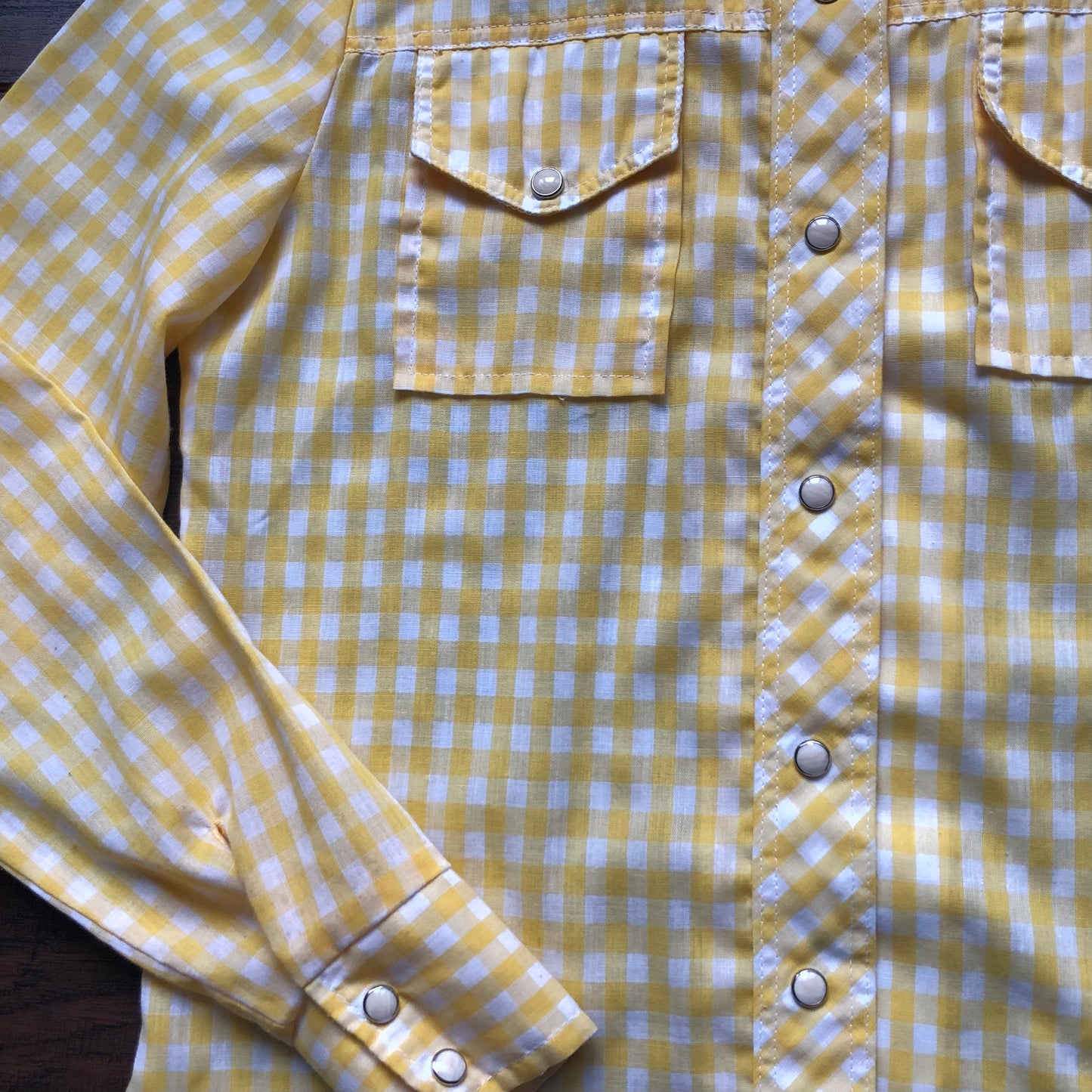 70’s Vintage Western Women’s Yellow and White Gingham Shirt with Snap Buttons