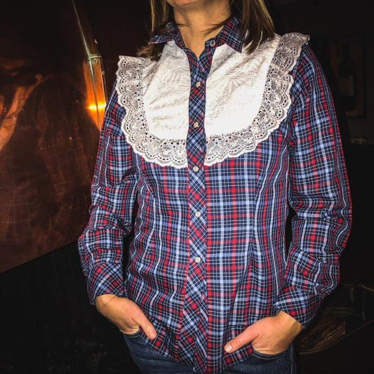 70’s Vintage Western Women’s H Bar C Ranchwear Shirt with Pearl Snaps and Floral Eyelet Ruffles on Front and Back