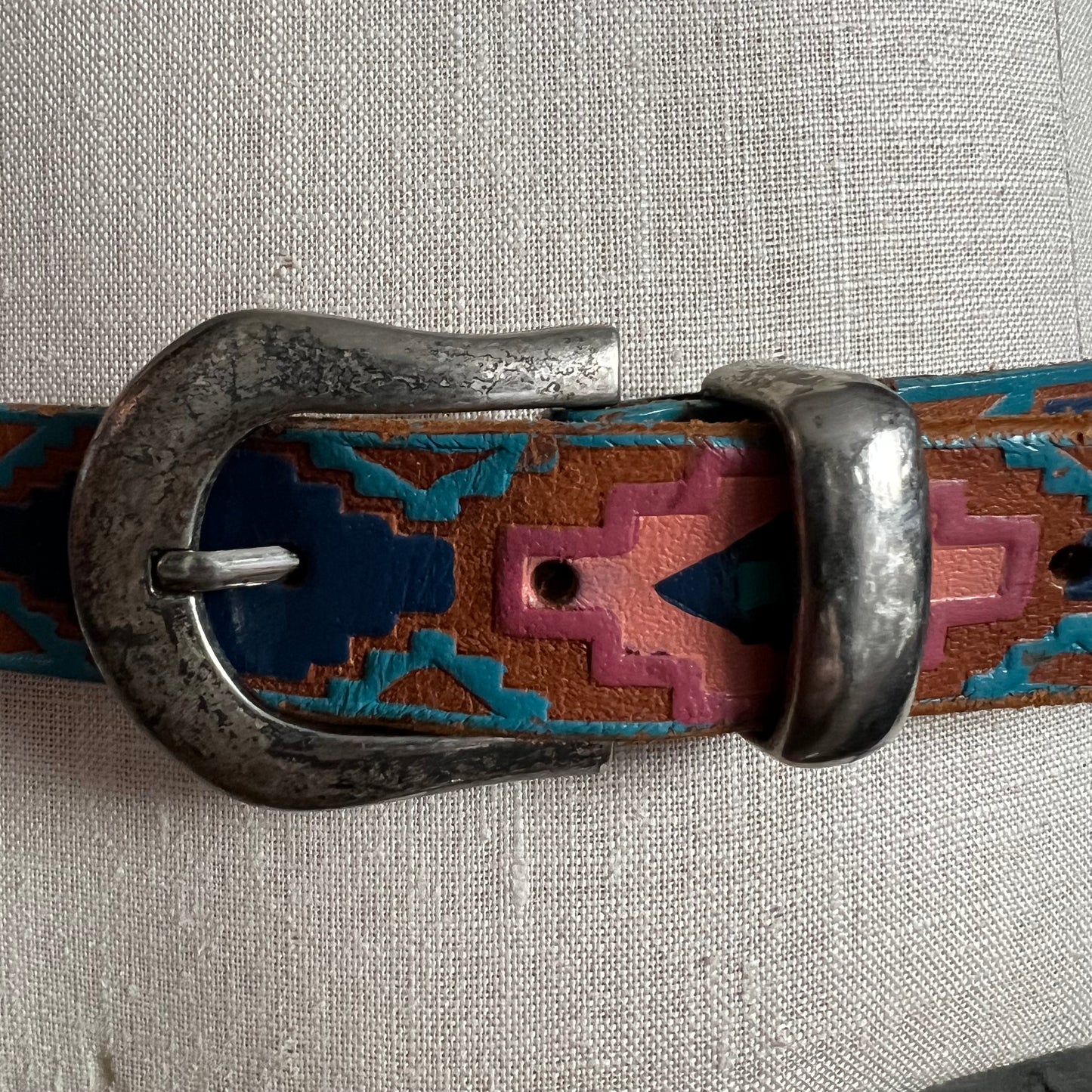 80’s Vintage Western MILOR Aztec Hand Painted Genuine Leather Tooled Belt | Made in Hong Kong