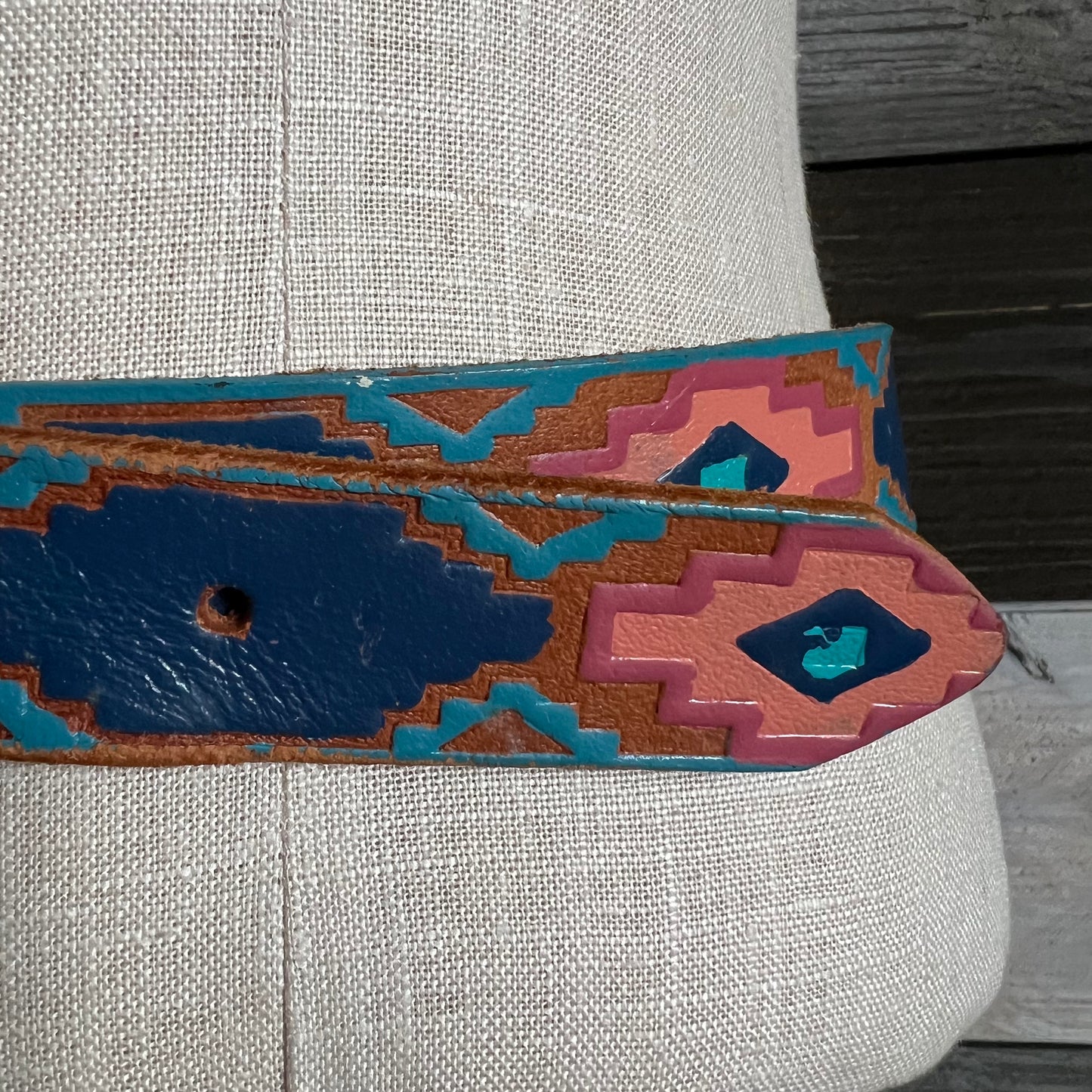 80’s Vintage Western MILOR Aztec Hand Painted Genuine Leather Tooled Belt | Made in Hong Kong