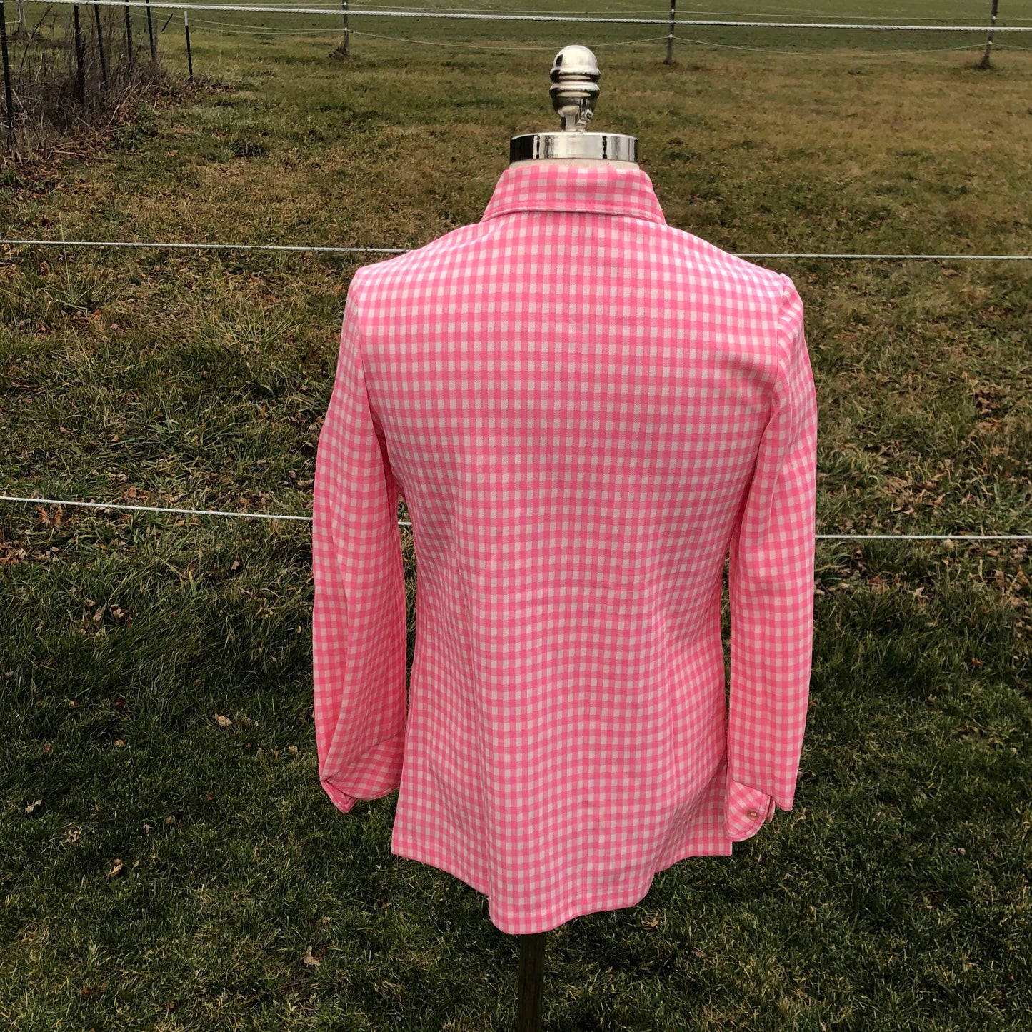 70’s Vintage Women’s Bubble Gum Pink and White Gingham Polyester Shirt with Pockets