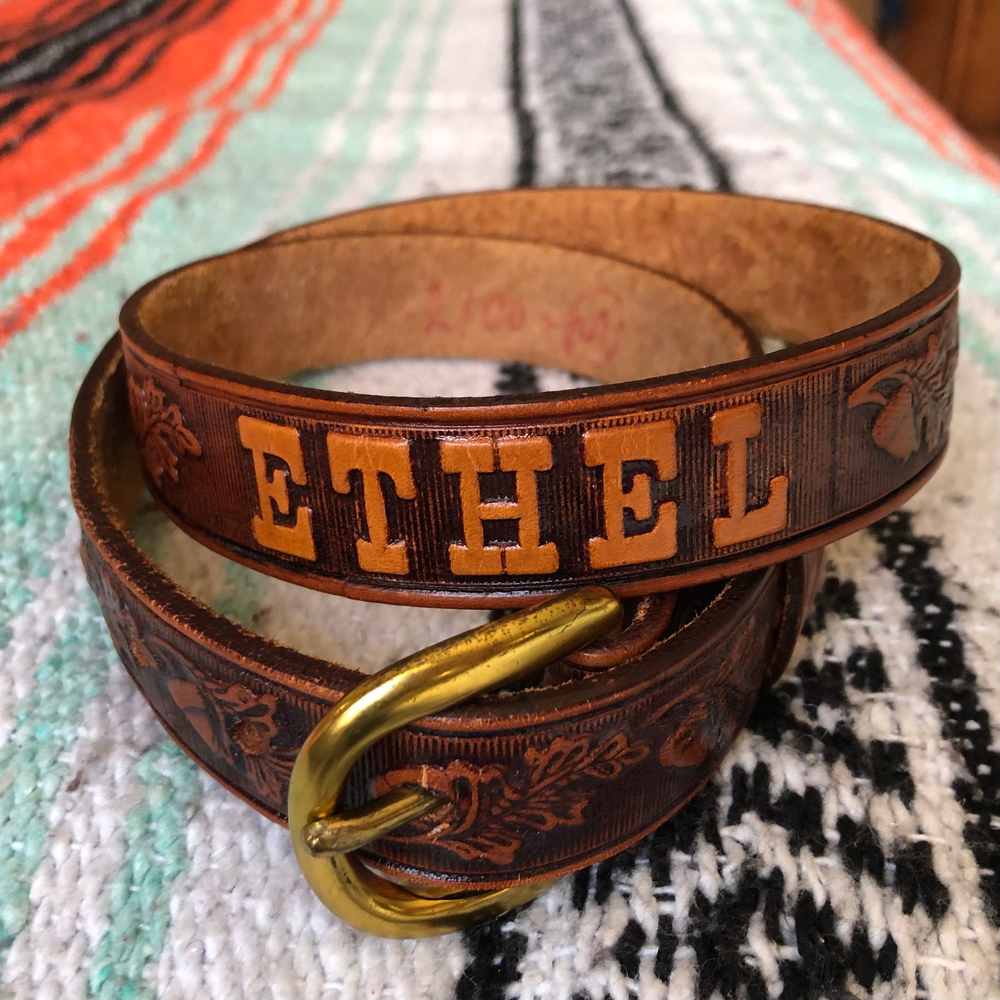 Vintage Western Tooled Leather Belt with “ETHEL” Acorns and Leaves | Made in USA
