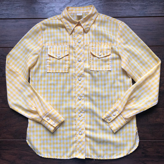 70’s Vintage Western Women’s Yellow and White Gingham Shirt with Snap Buttons