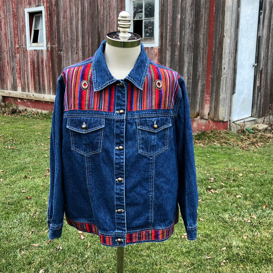 Vintage Women’s Western Denim Jacket with Serape Trim and Concho Accents